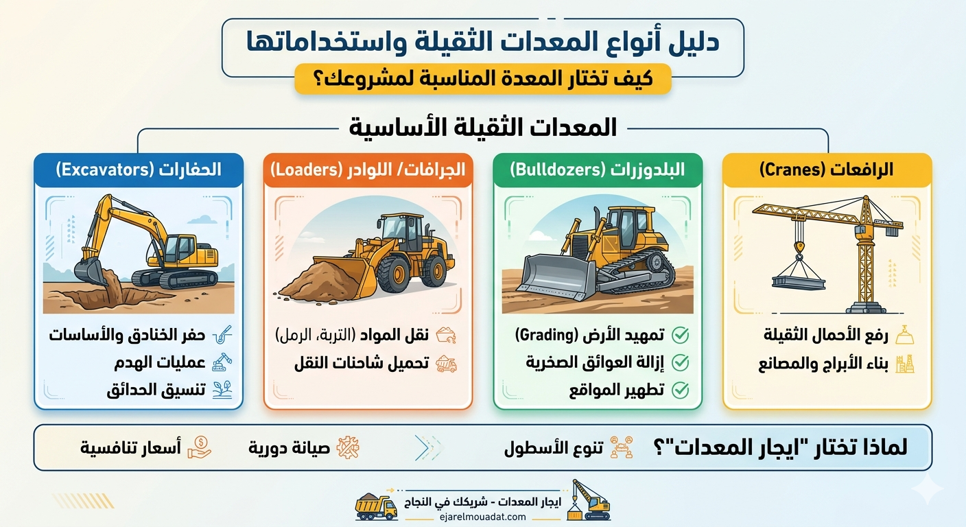 أنواع المعدات الثقيلة وأسعار تأجيرها: دليلك الشامل لعام 2026
